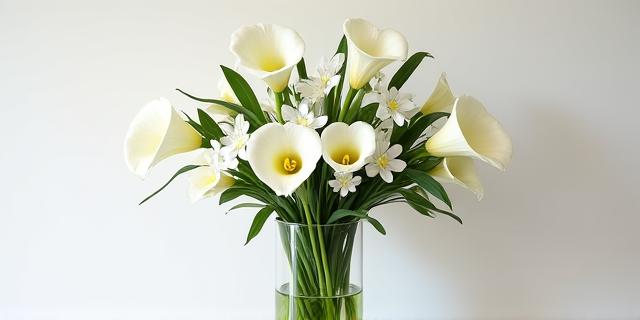 モダンなガラスの花器に入ったシンメトリーなアレンジメント